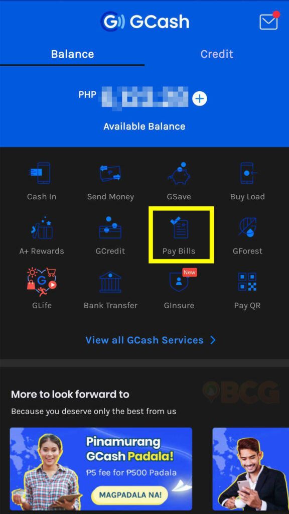 A screenshot of the icons from the GCash app dashboard. This photo is for the "How to Pay Your BWD Bill Using GCash" blog post of Baguio City Guide.