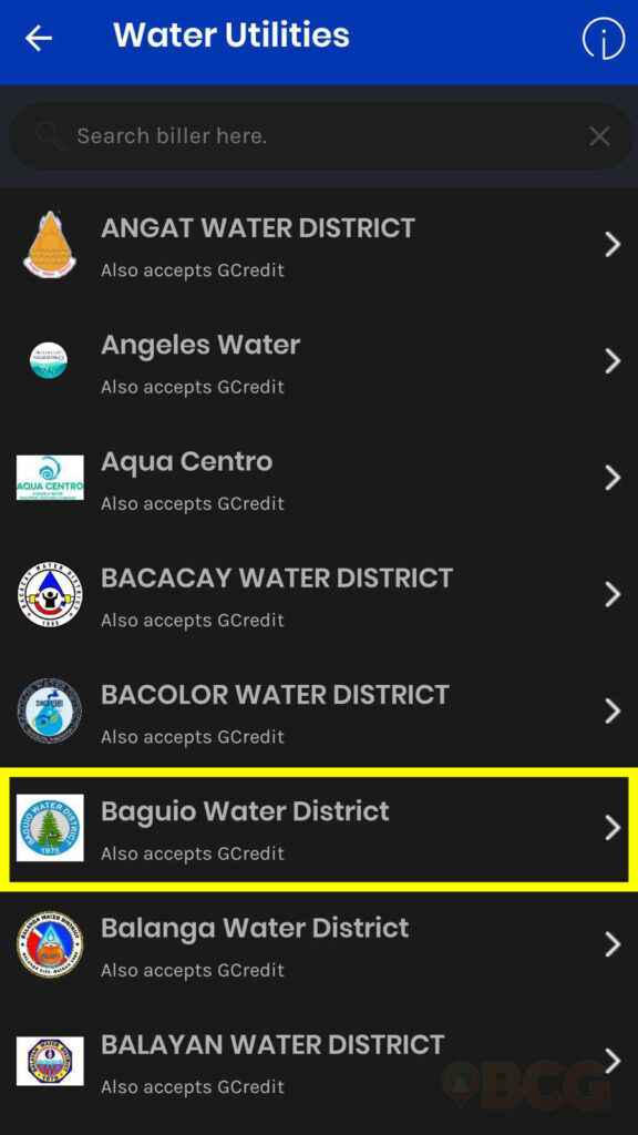 A screenshot of the "Water Utilities" page of the GCash app. This photo is for the "How to Pay Your BWD Bill Using GCash" blog post of Baguio City Guide.