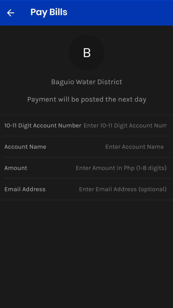 A screenshot of the "Baguio Water District" page within the GCash app. This photo is for the "How to Pay Your BWD Bill Using GCash" blog post of Baguio City Guide.