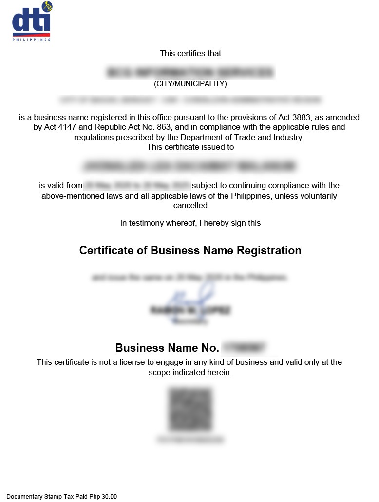 dti registration certificate sample