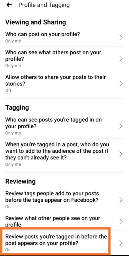 Step 5 on How to stop people from tagging me - mobile