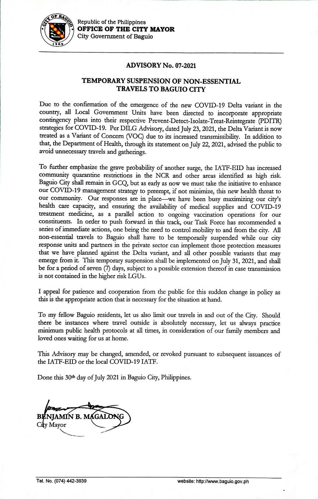 Baguio City advisory 07-2021