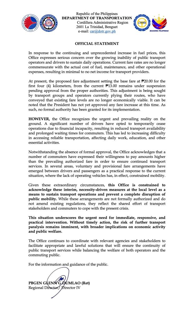 LTFRB Statement in Fees 