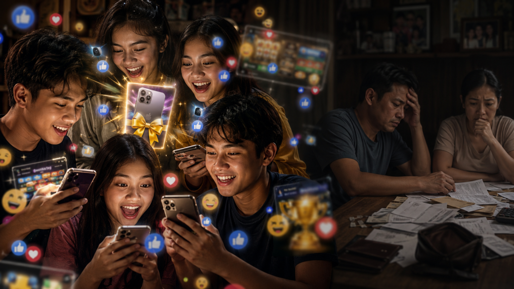 Free smartphone promotion with a person examining terms and conditions.