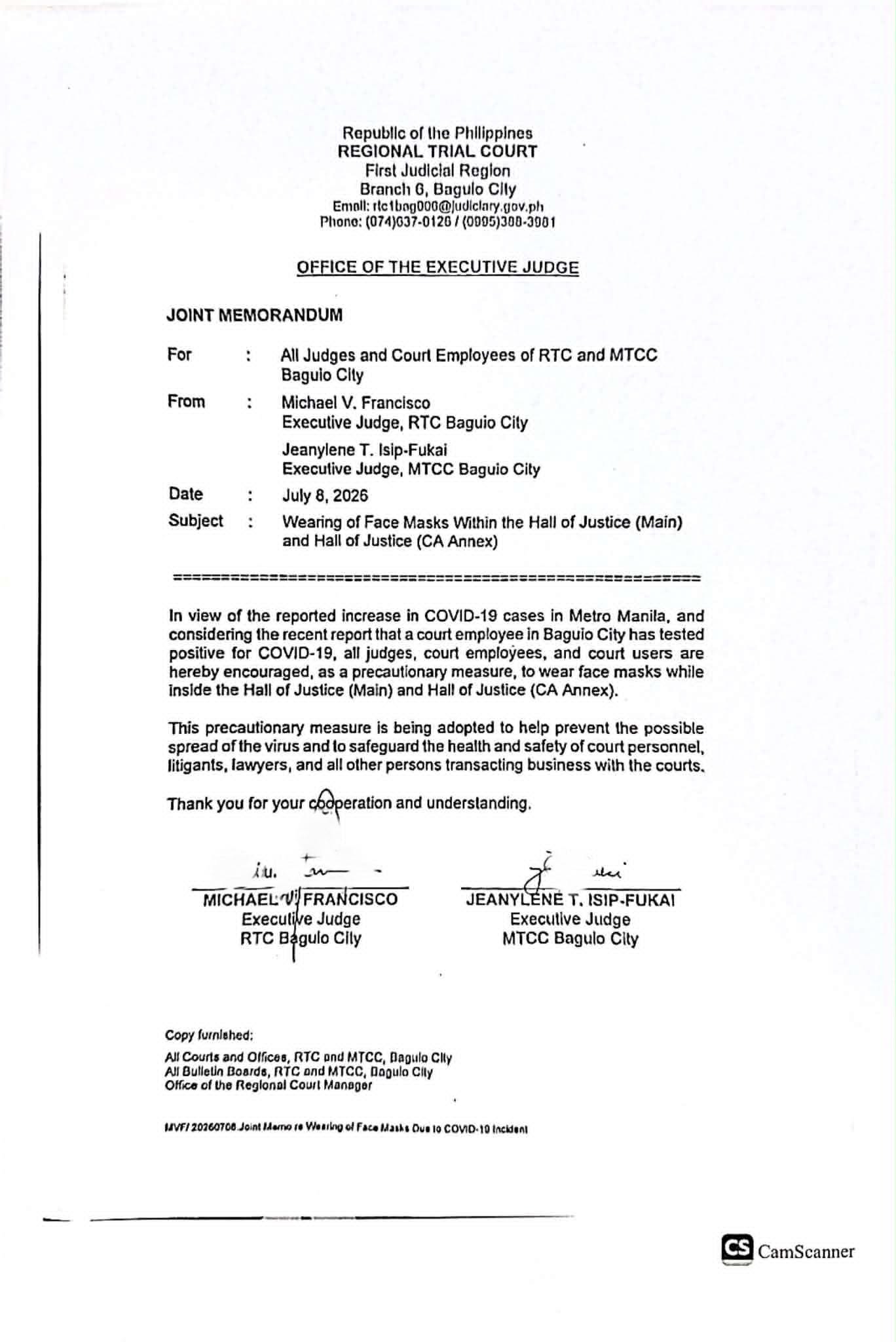 Baguio city memorandum reinstating face mask requirement in local courts.
