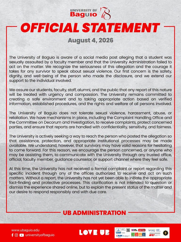 Official statement from the University of Baguio addressing anonymous sexual assault allegation.
