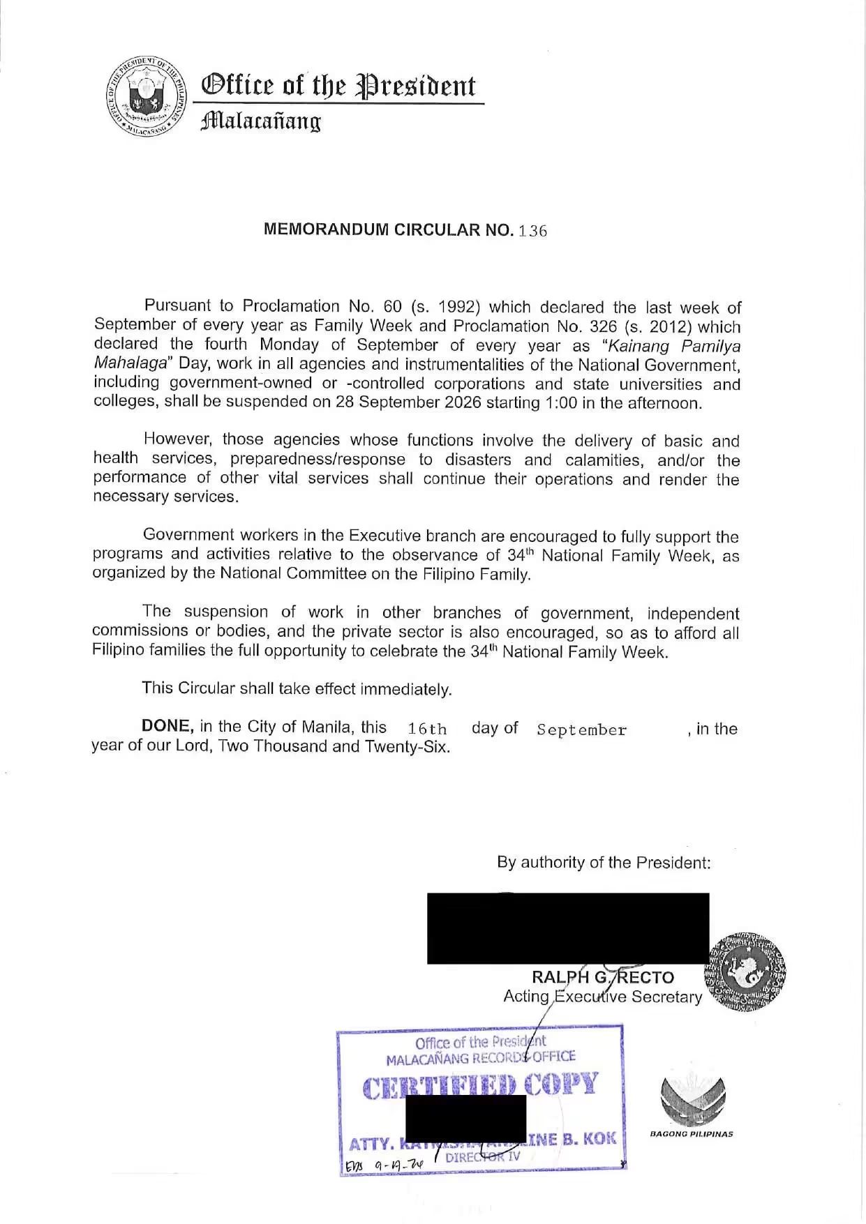 Government announcement graphic regarding work suspension for Family Week on September 28.
