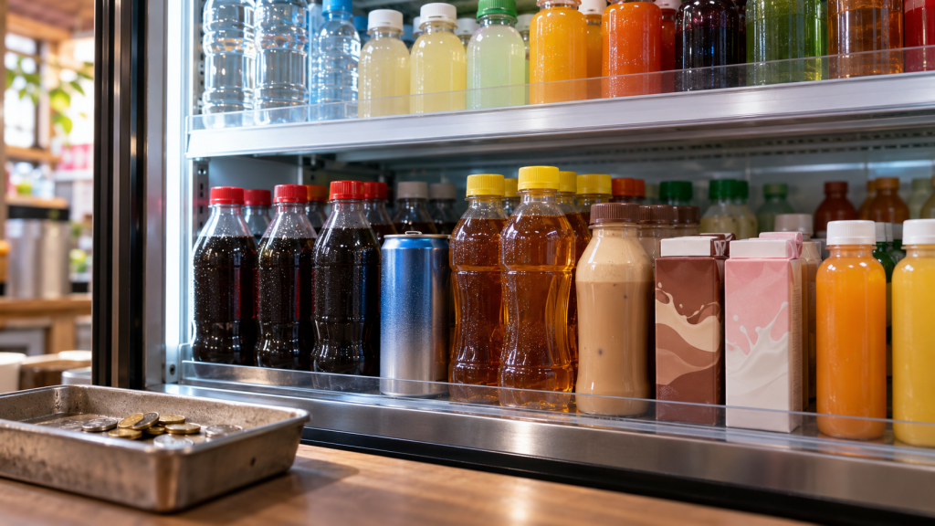Chilled beverages alongside a cash tray, highlighting consumer choices linked to health and taxation discussions.