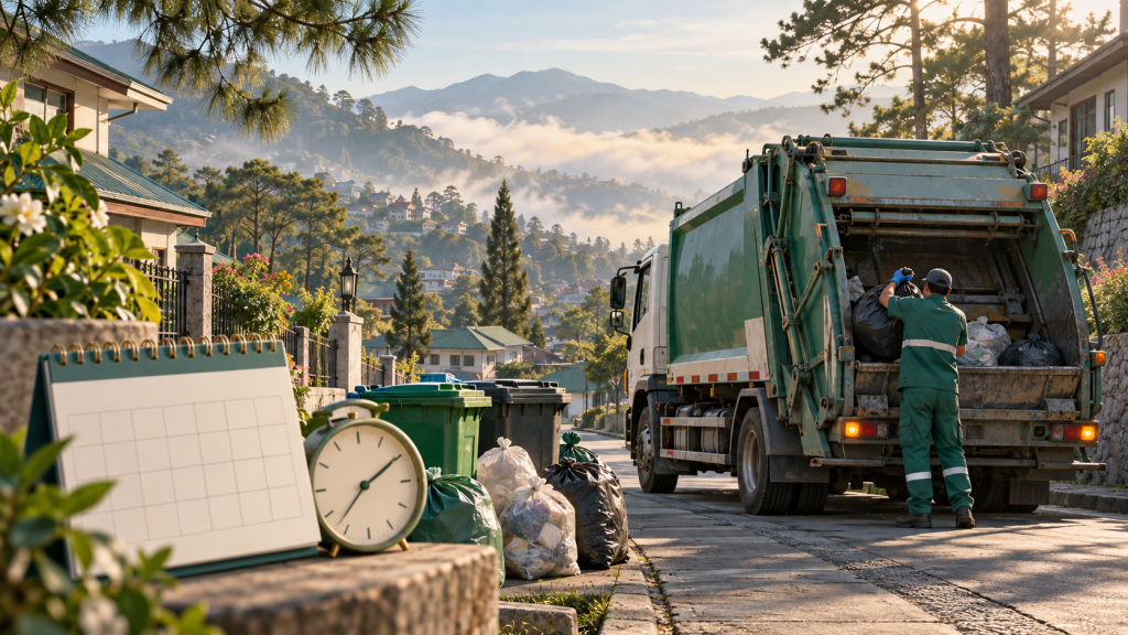 Baguio City waste management truck collecting garbage along a street in a residential area.