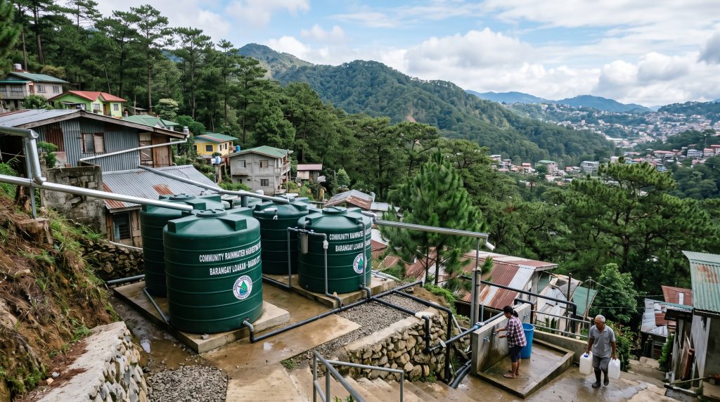 Baguio City skyline with banners highlighting climate adaptation measures for Super El Niño preparedness.
