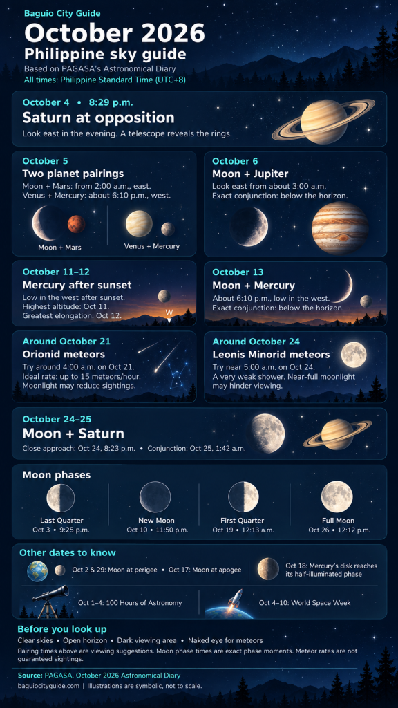 Detailed astronomical schedule for October 2026 featuring Saturn, meteor showers, and moon pairings.