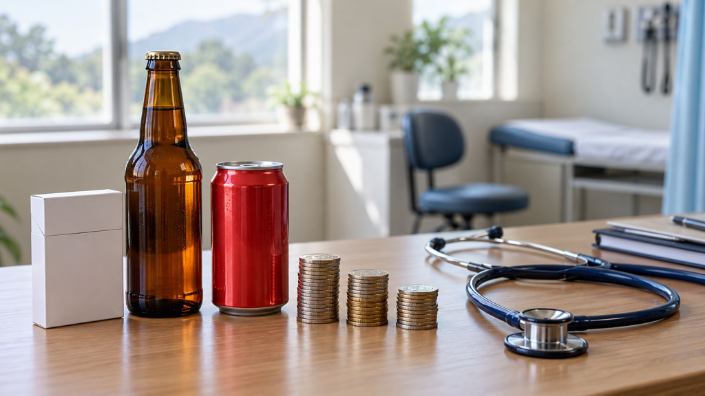 Coins and a winding path symbolizing financial investment in health and tax advocacy on unhealthy products.