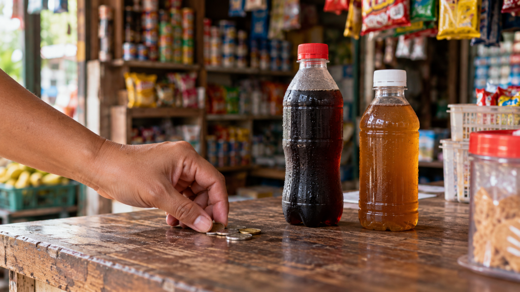 Sari-sari store counter with peso coins, highlighting local commerce amidst discussions on taxing unhealthy products.