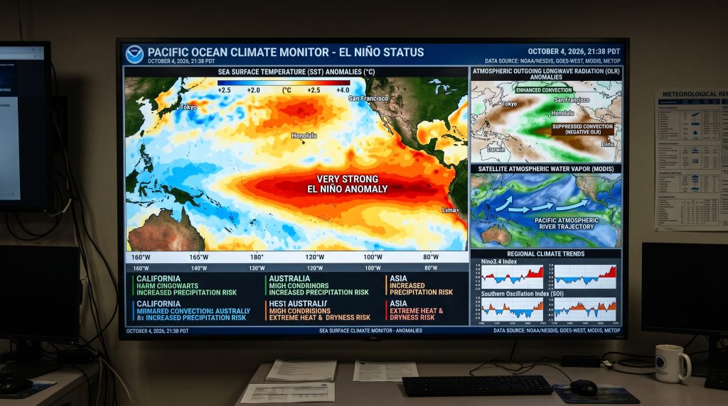 Graphic depicting effects of Super El Niño on weather patterns and global preparedness strategies.