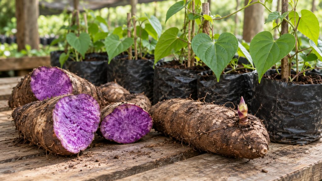 Ube planting materials including tubers and seedlings ready for cultivation in the Philippines.