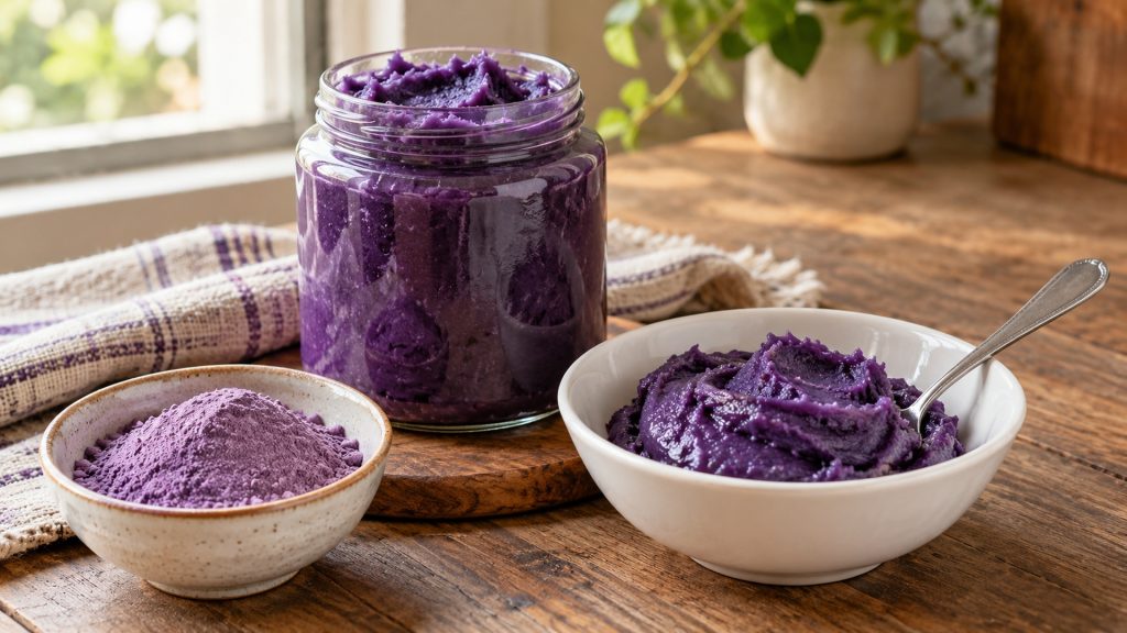 Processed ube products including desserts, jams, and snacks showcasing the vibrant purple color and diverse uses of ube.